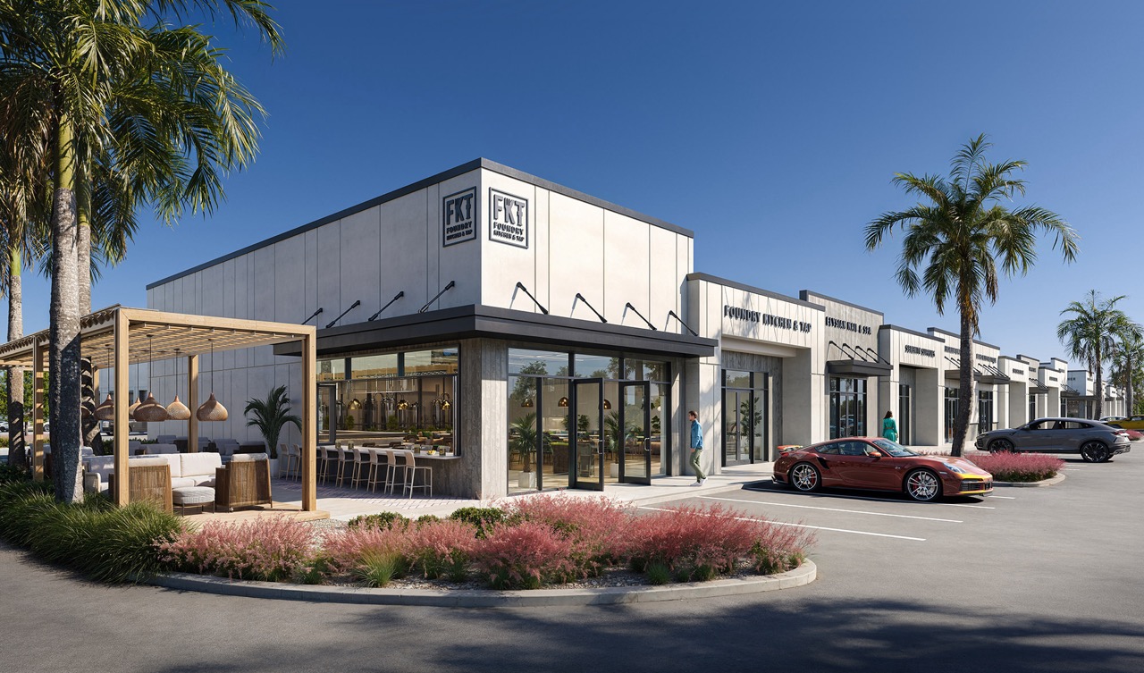The Bonita Foundry street-facing flex-commercial exterior rendering shows storefront commercial space planned along Old 41 at The Bonita Foundry in Bonita Springs, Florida.